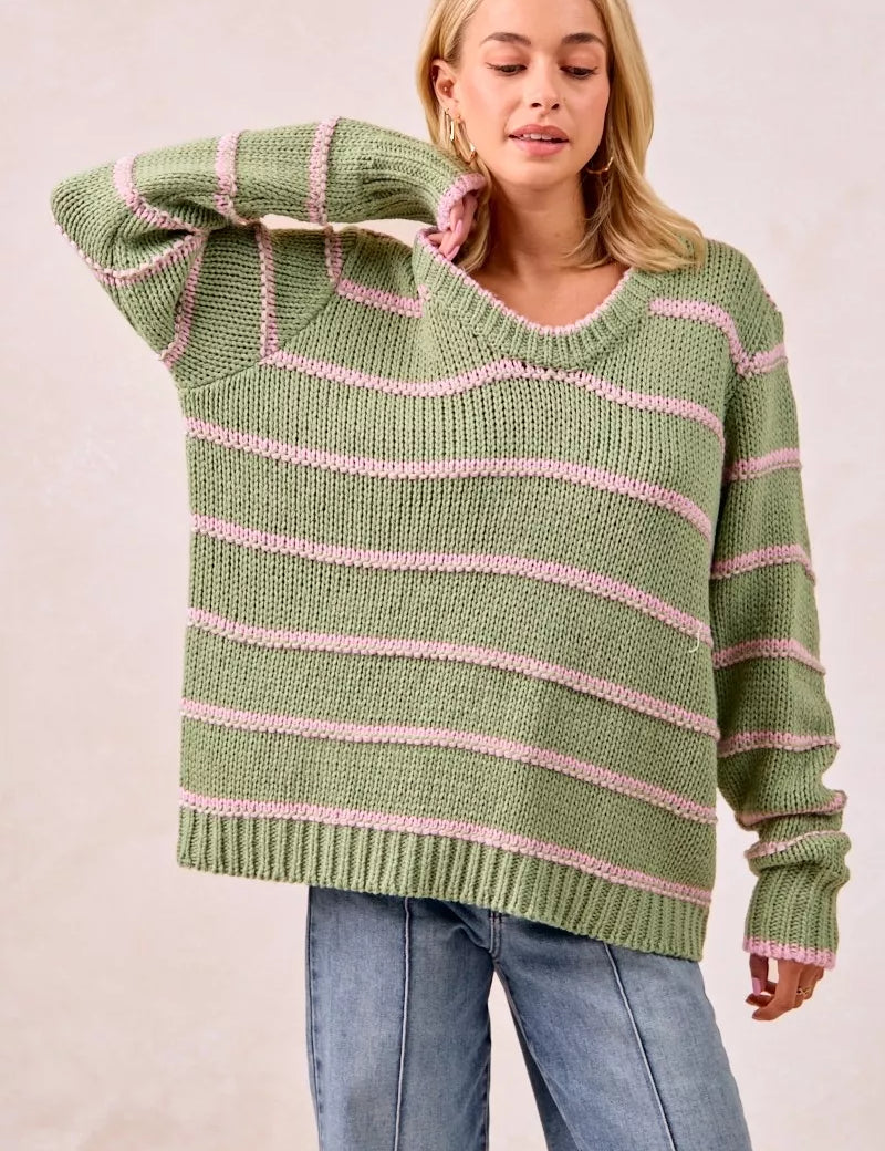 SAGE GREEN BiBi Striped Long Sleeve Sweater | Sweaters Daverri Fashions
