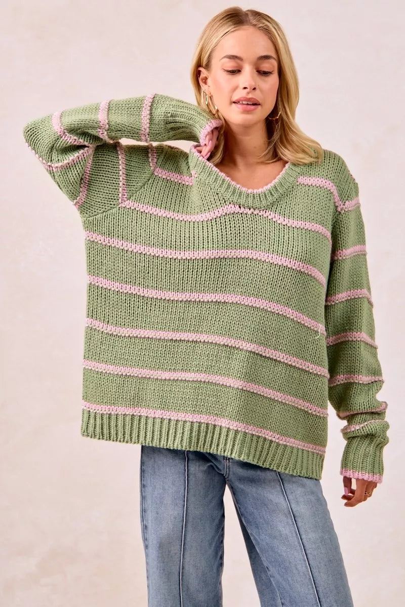 SAGE GREEN BiBi Striped Long Sleeve Sweater | Sweaters Daverri Fashions
