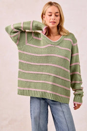 SAGE GREEN BiBi Striped Long Sleeve Sweater | Sweaters Daverri Fashions