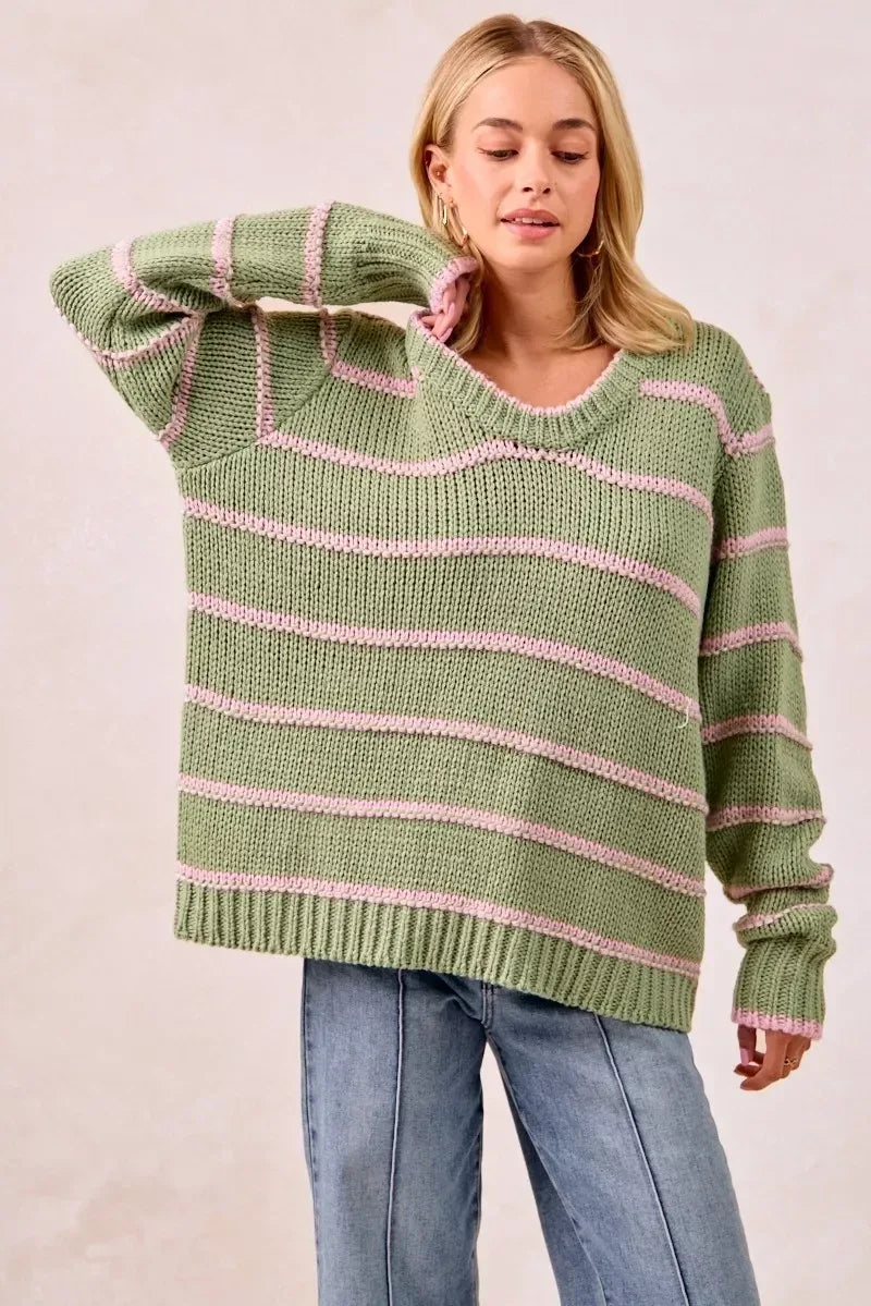 BiBi Striped Long Sleeve Sweater - DAVERRI FASHIONS