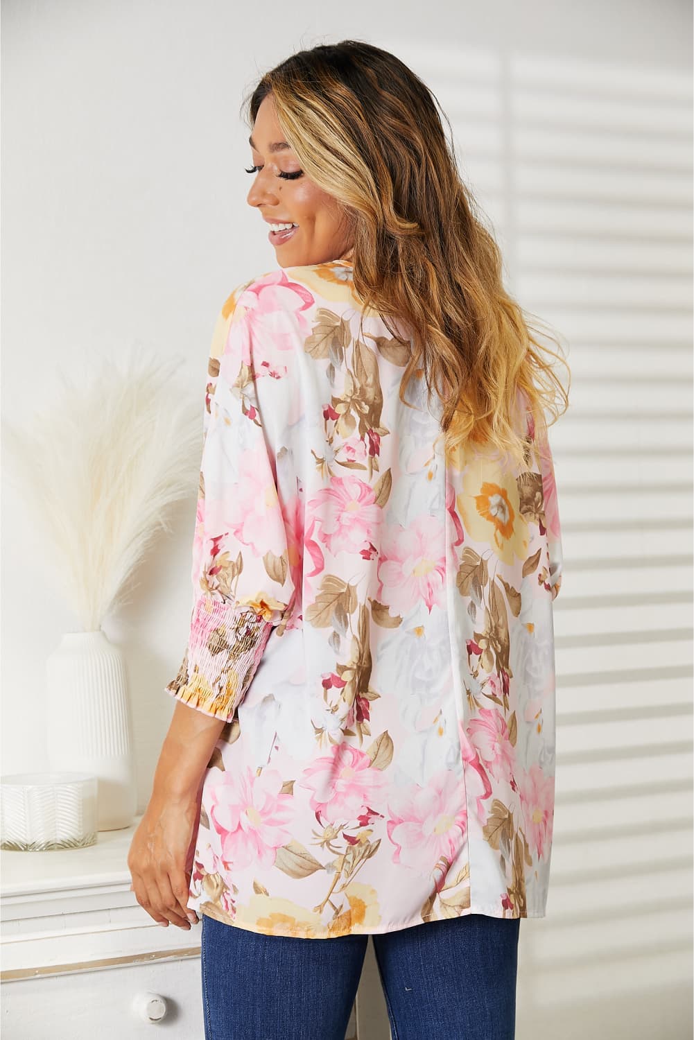 Double Take Floral Round Neck Three-Quarter Sleeve Top Tops