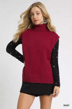 Umgee High-Low Turtleneck Sleeveless Sweater Top - DAVERRI FASHIONS