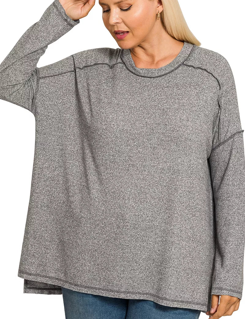Zenana Full Size Melange Hacci Exposed Seam Hi-low Tee Plus Size | Daverri Fashions