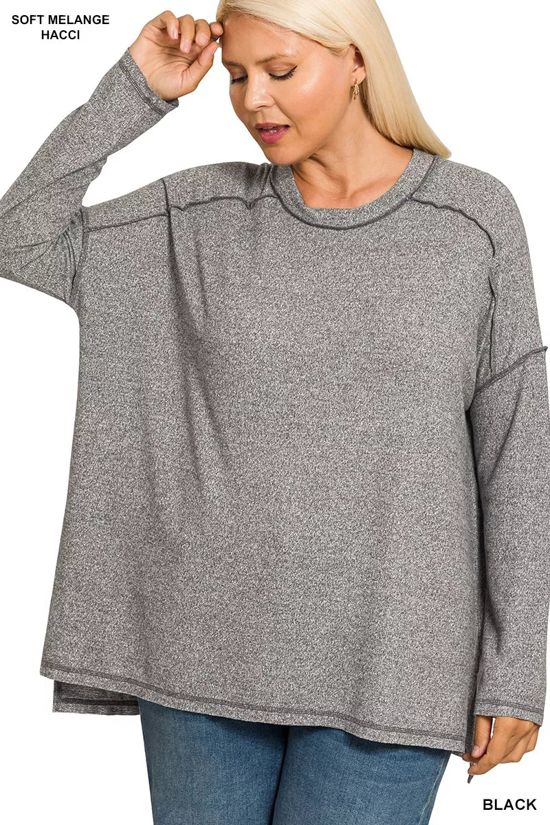 Zenana Full Size Melange Hacci Exposed Seam Hi-low Tee Plus Size | Daverri Fashions