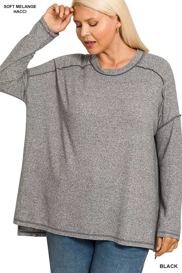 Zenana Full Size Melange Hacci Exposed Seam Hi-low Tee Plus Size | Daverri Fashions