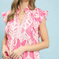 Pink and white leaf print Umgee tiered midi dress with ruffles and pockets