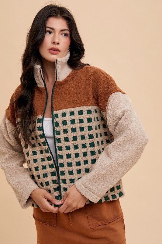 Annie Wear Plaid Zip Up Drop Shoulder Sherpa Jacket Tops