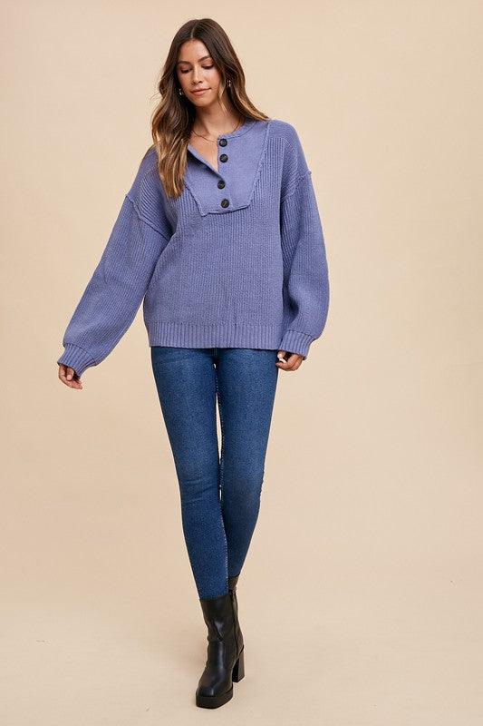 Annie Wear Half Button Ribbed Hem Sweater Sweaters