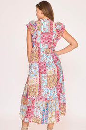 Umgee Full Size Tie Neck Double Layered Ruffle Sleeve Midi Dress Plus Size | Daverri Fashions