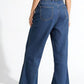 Back view of Daverri high-waisted wide leg blue denim flare jeans with belt loops and pockets