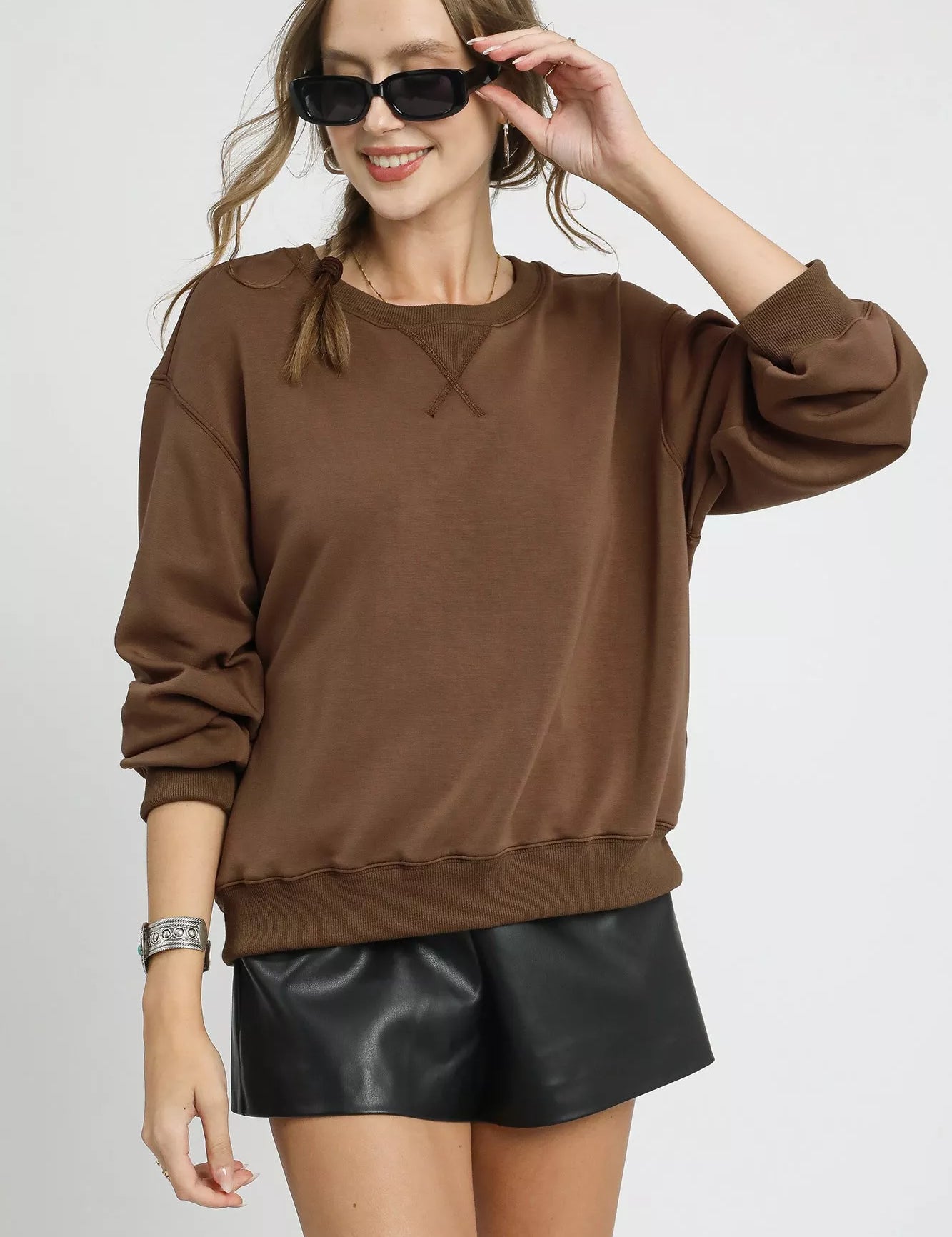 Mocha Umgee Round Neck Long Sleeve Fleece Sweatshirt | Sweatshirts Daverri Fashions