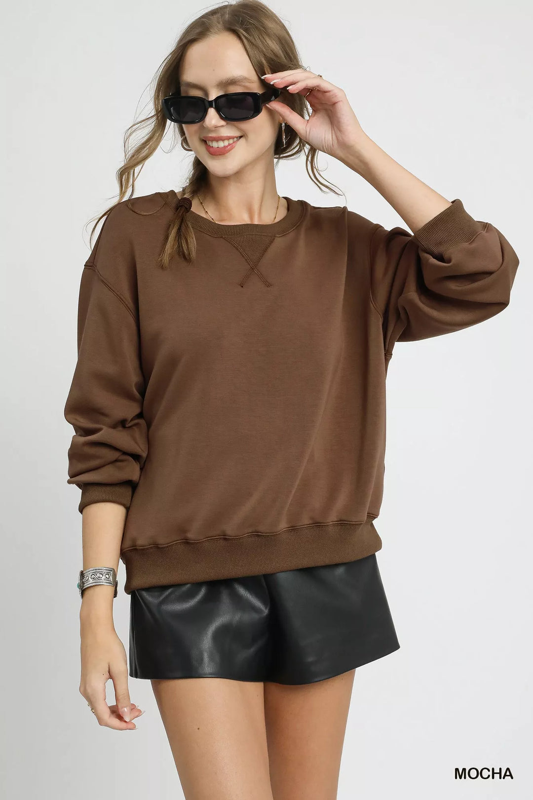 Mocha Umgee Round Neck Long Sleeve Fleece Sweatshirt | Sweatshirts Daverri Fashions