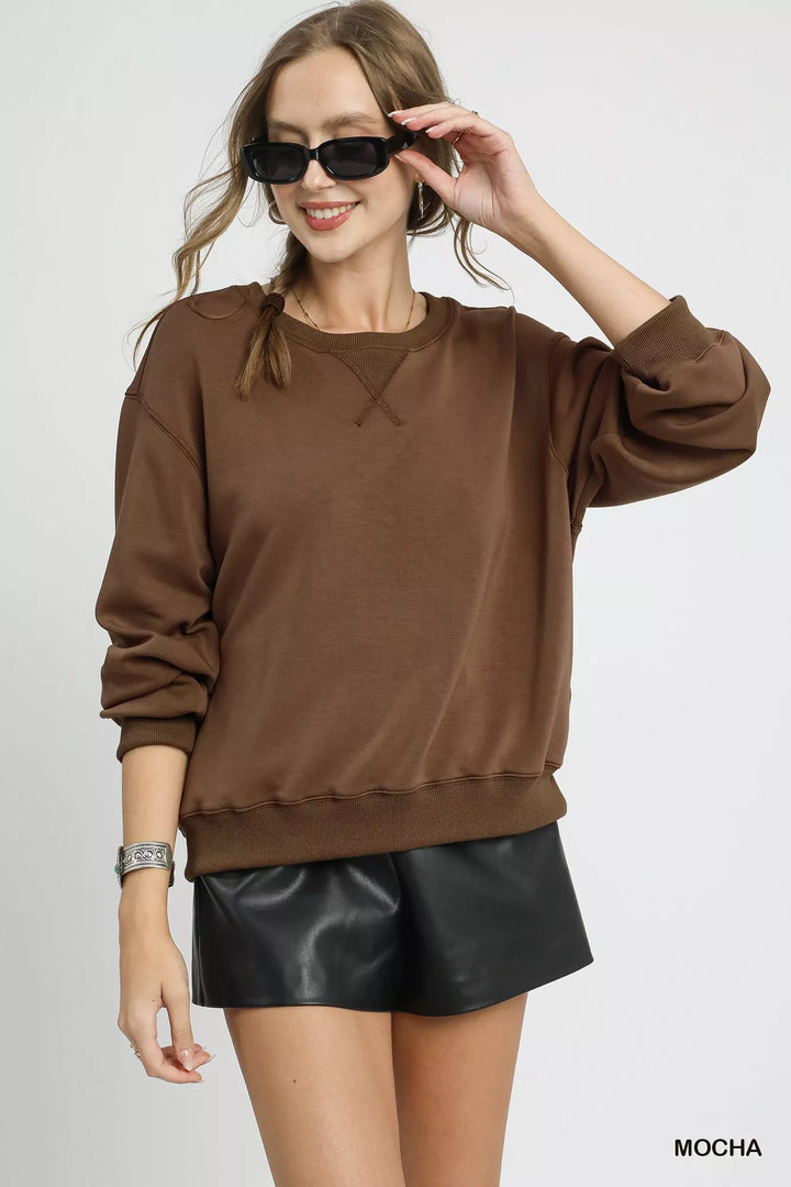 Mocha Umgee Round Neck Long Sleeve Fleece Sweatshirt | Sweatshirts Daverri Fashions