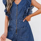 Denim Ruffled Zipped Front Belted Romper - DAVERRI FASHIONS