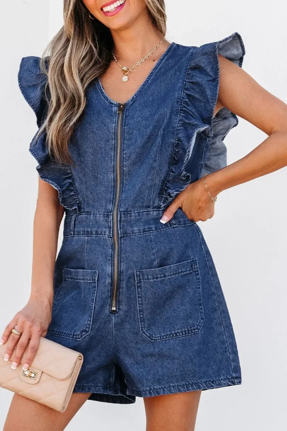 Denim Ruffled Zipped Front Belted Romper - DAVERRI FASHIONS