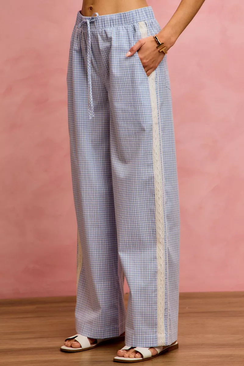 SO ME wide check pants with light blue white gingham and side lace trim