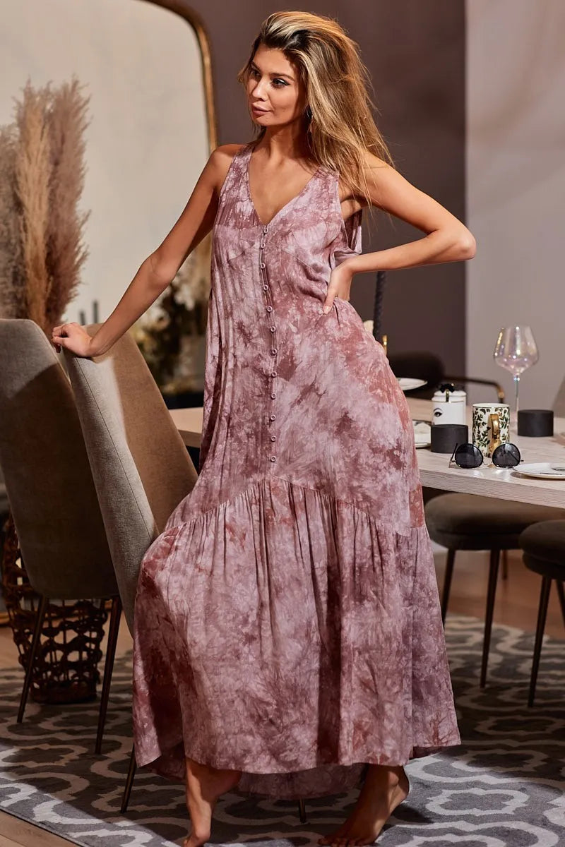 BiBi Tie-Dye Sleeveless V-Neck Dress MOCHA MULTI