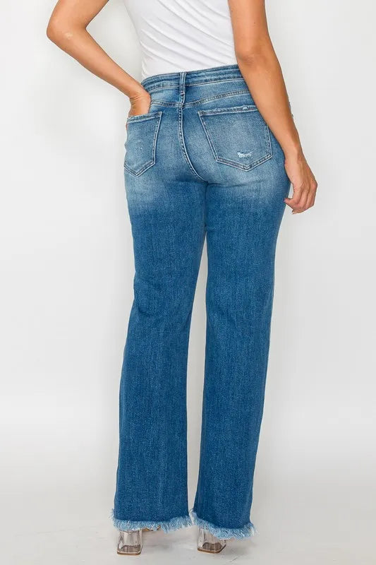bytos Full Size Raw Hem Distressed Mid Rise Straight Jeans | Jeans Daverri Fashions