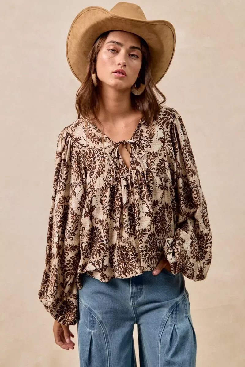 BiBi Printed Woven Front Tied Blouse with Baloon Sleeve - DAVERRI FASHIONS