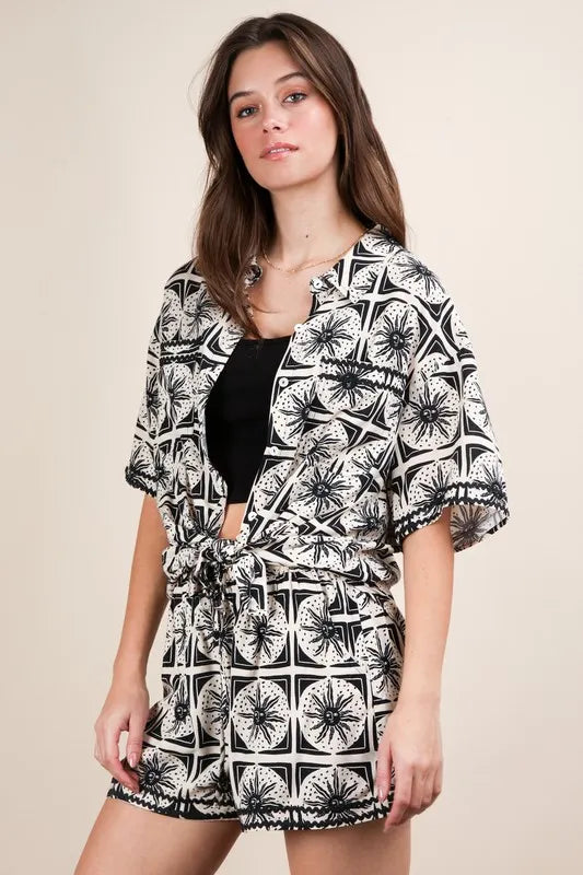 VERY J Plus Size Tropical Printed Shirt Top & Shorts Set Plus Shorts Sets