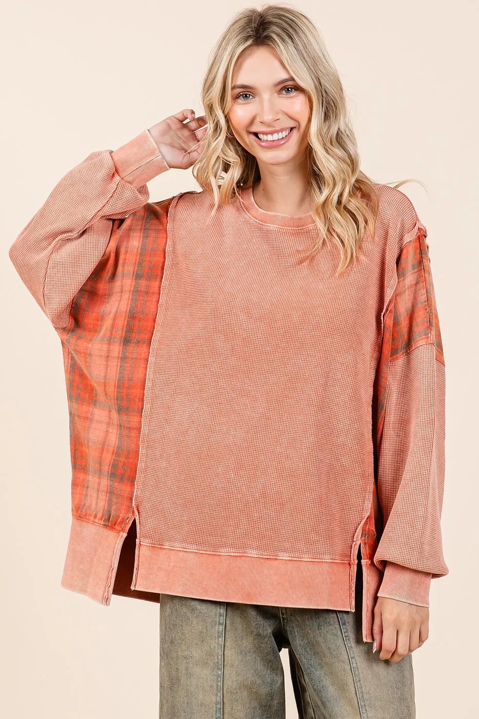Mittoshop Plaid Panel Mineral Wash French Terry Sweatshirt