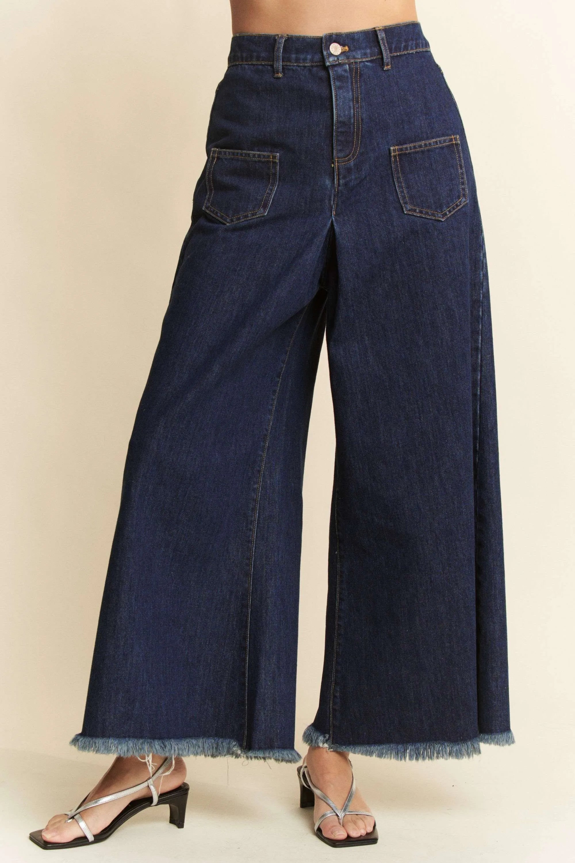 Davi & Dani Patch Pocket Wide Leg Culotte Jeans | Jeans Daverri Fashions