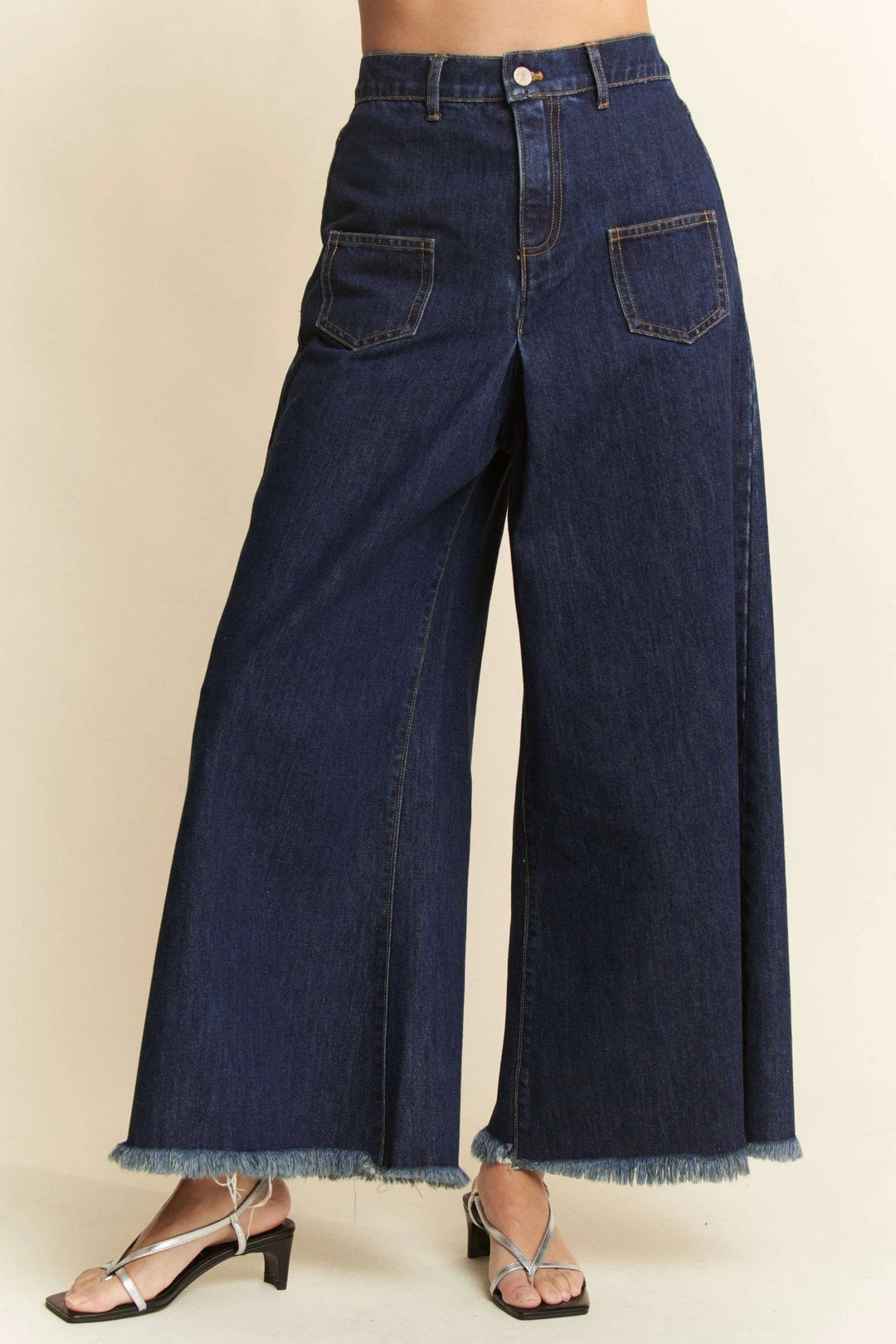 Davi & Dani Patch Pocket Wide Leg Culotte Jeans | Jeans Daverri Fashions