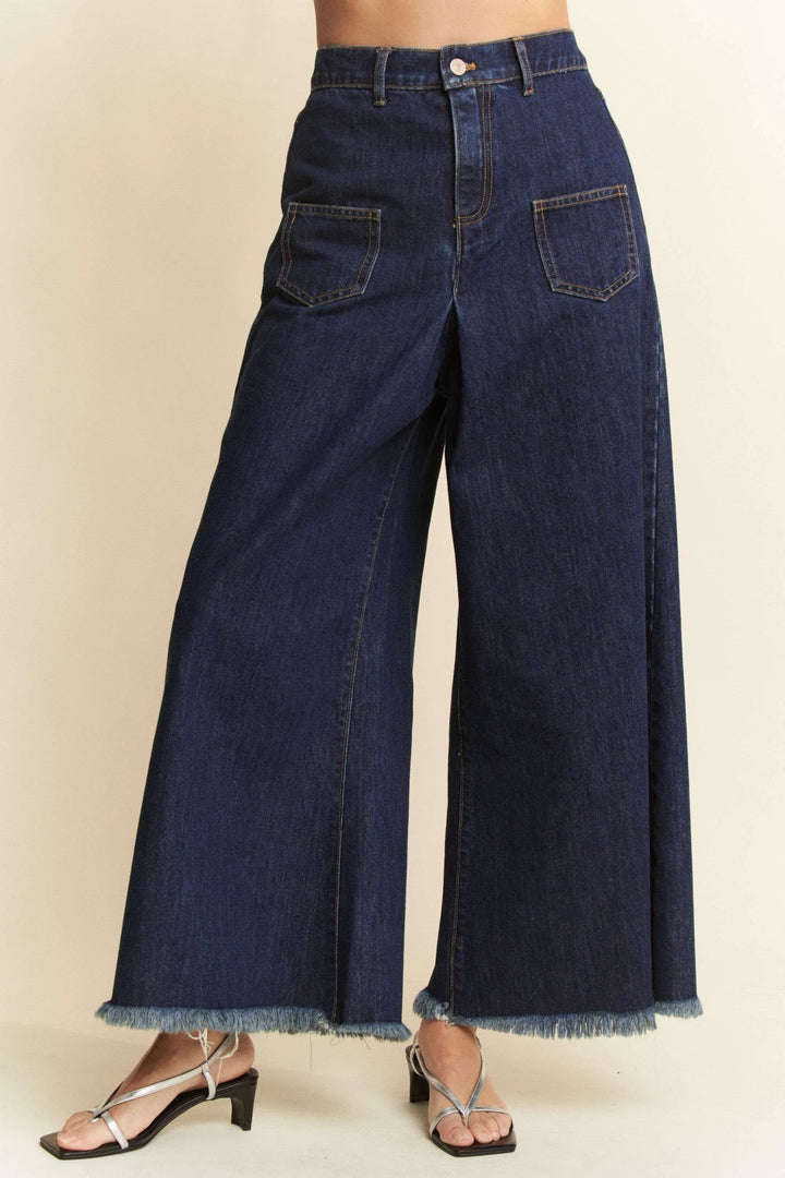 Davi & Dani Patch Pocket Wide Leg Culotte Jeans | Jeans Daverri Fashions
