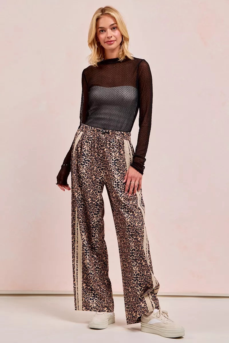 BiBi Leopard Printed Track Pants with Side Contrast Lace | Loungewear Bottoms Daverri Fashions