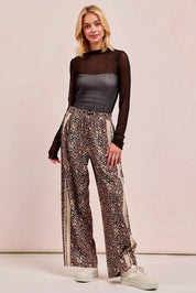 BiBi Leopard Printed Track Pants with Side Contrast Lace | Loungewear Bottoms Daverri Fashions