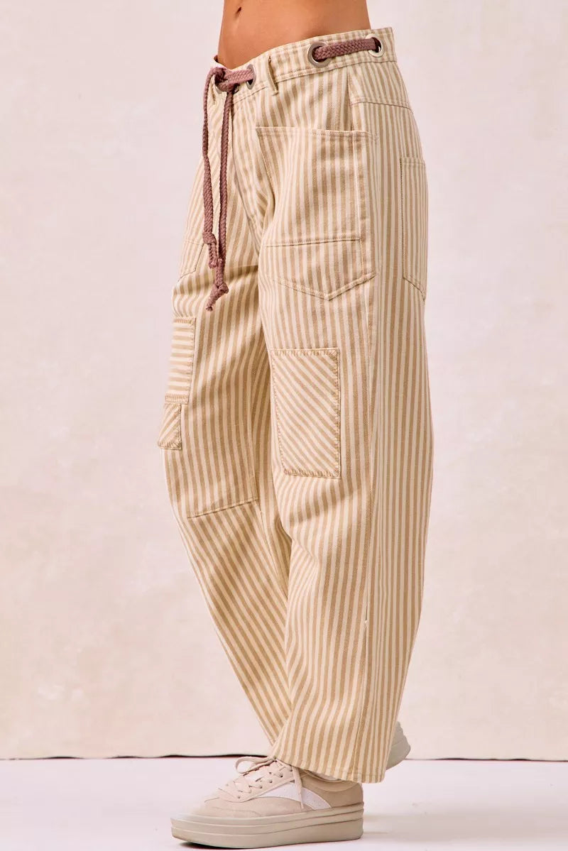 BiBi Drawstring Striped Twill Barrel Pants Oatmeal back view
