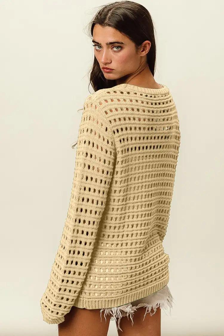 BiBi Round Neck Openwork Knit Cover Up Cover-Ups