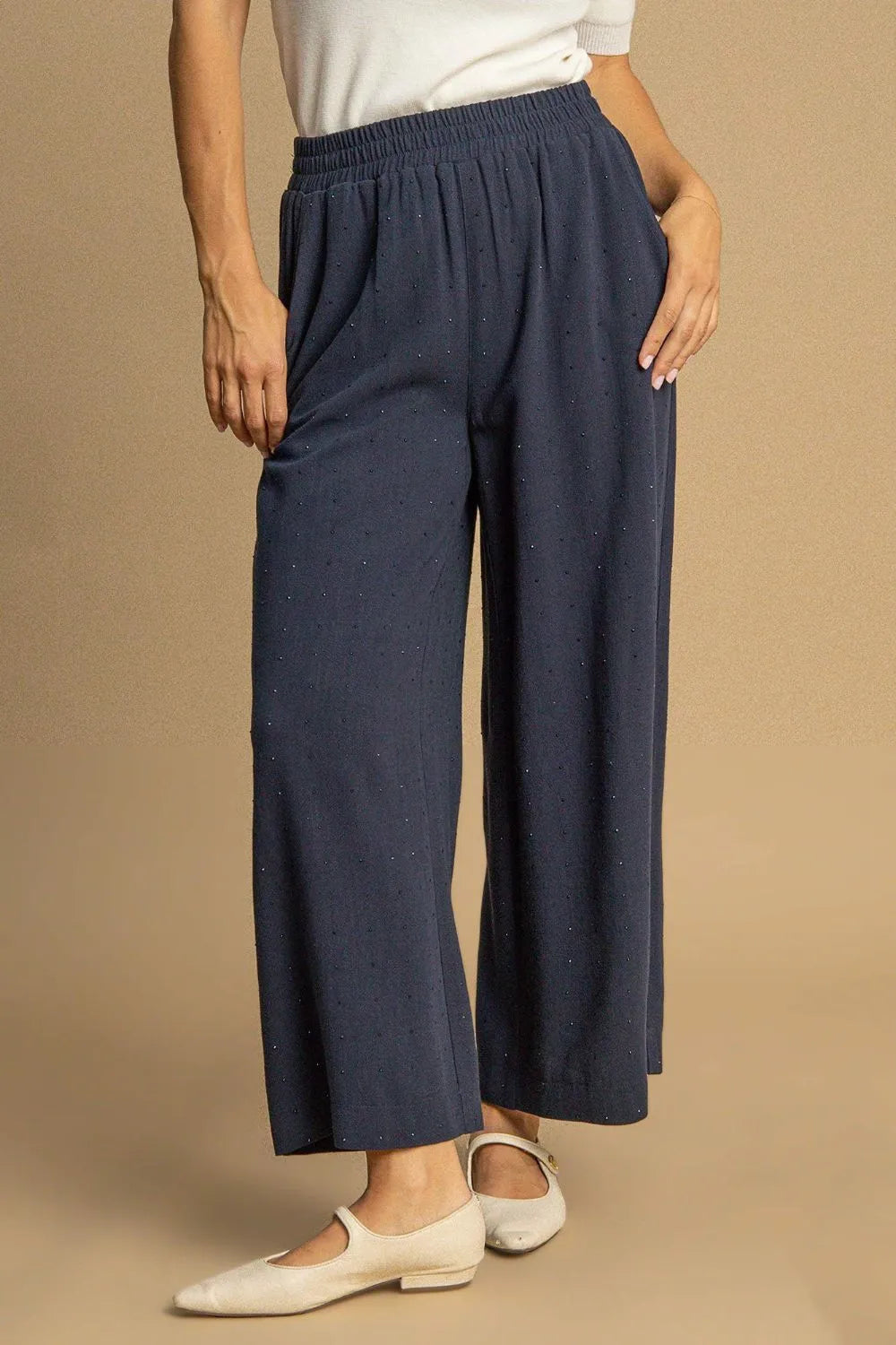Navy blue Umgee high-waisted wide-leg linen pants with dotted pattern