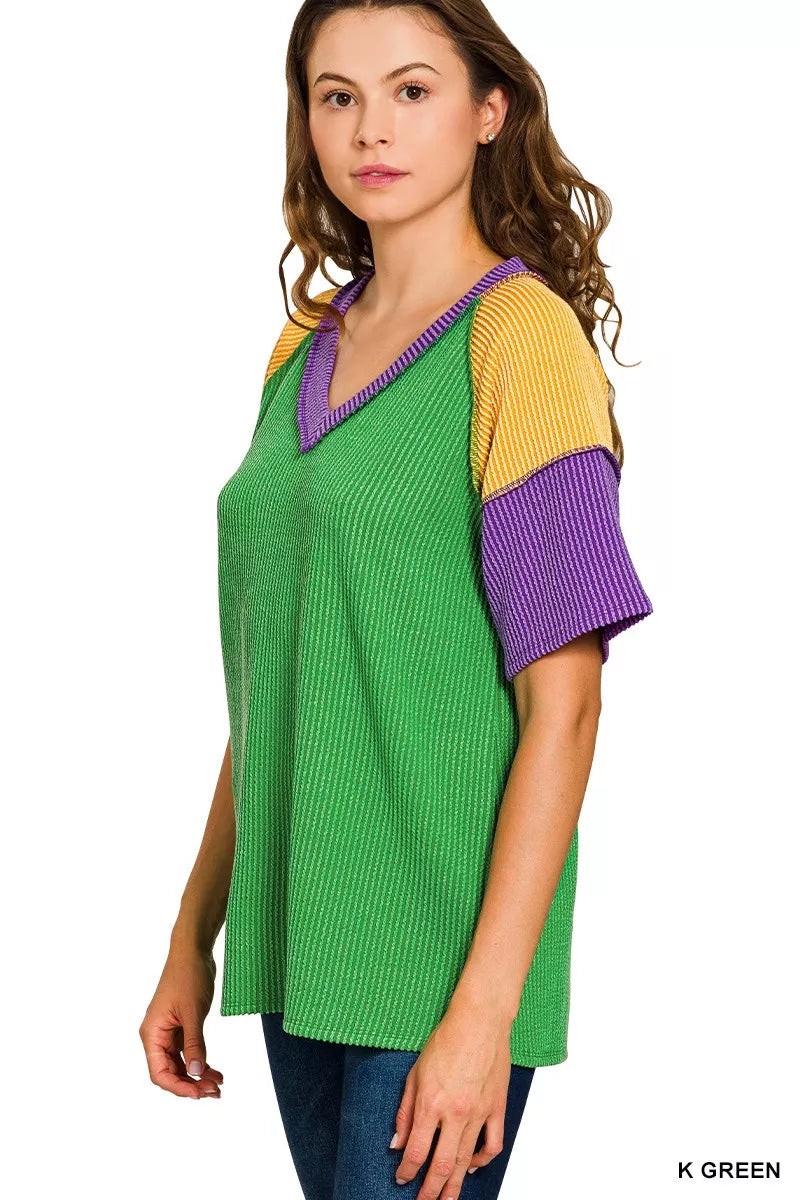 Zenana Mardi Gras raised rib color block top in green with yellow purple sleeves