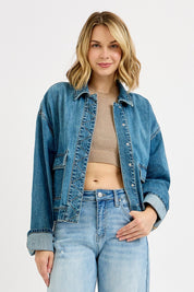 RISEN oversized cargo pocket denim jacket with cuffed sleeves