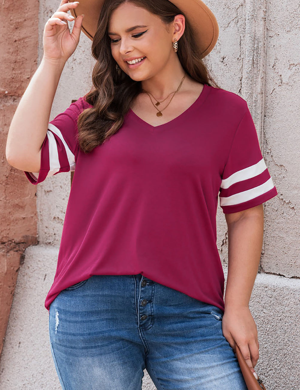 Plus Size Striped V-Neck Tee Shirt | T-Shirts Daverri Fashions