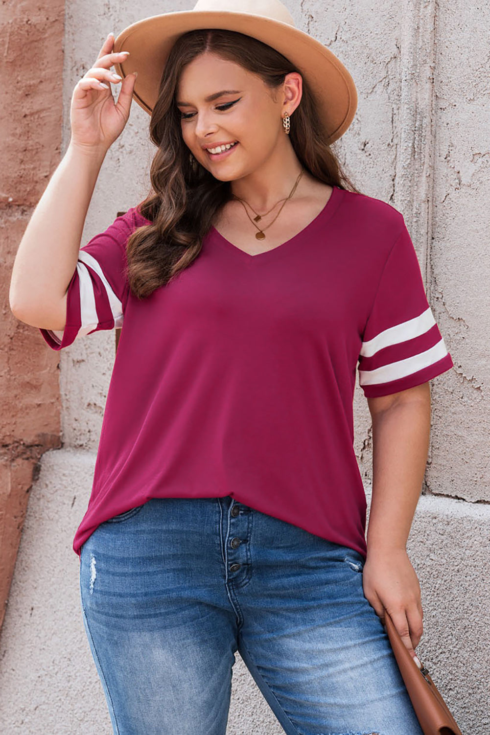 Plus Size Striped V-Neck Tee Shirt | T-Shirts Daverri Fashions