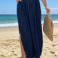 Navy blue Daverri Fashions plus size deep V-neck maxi dress with ruffles and slit