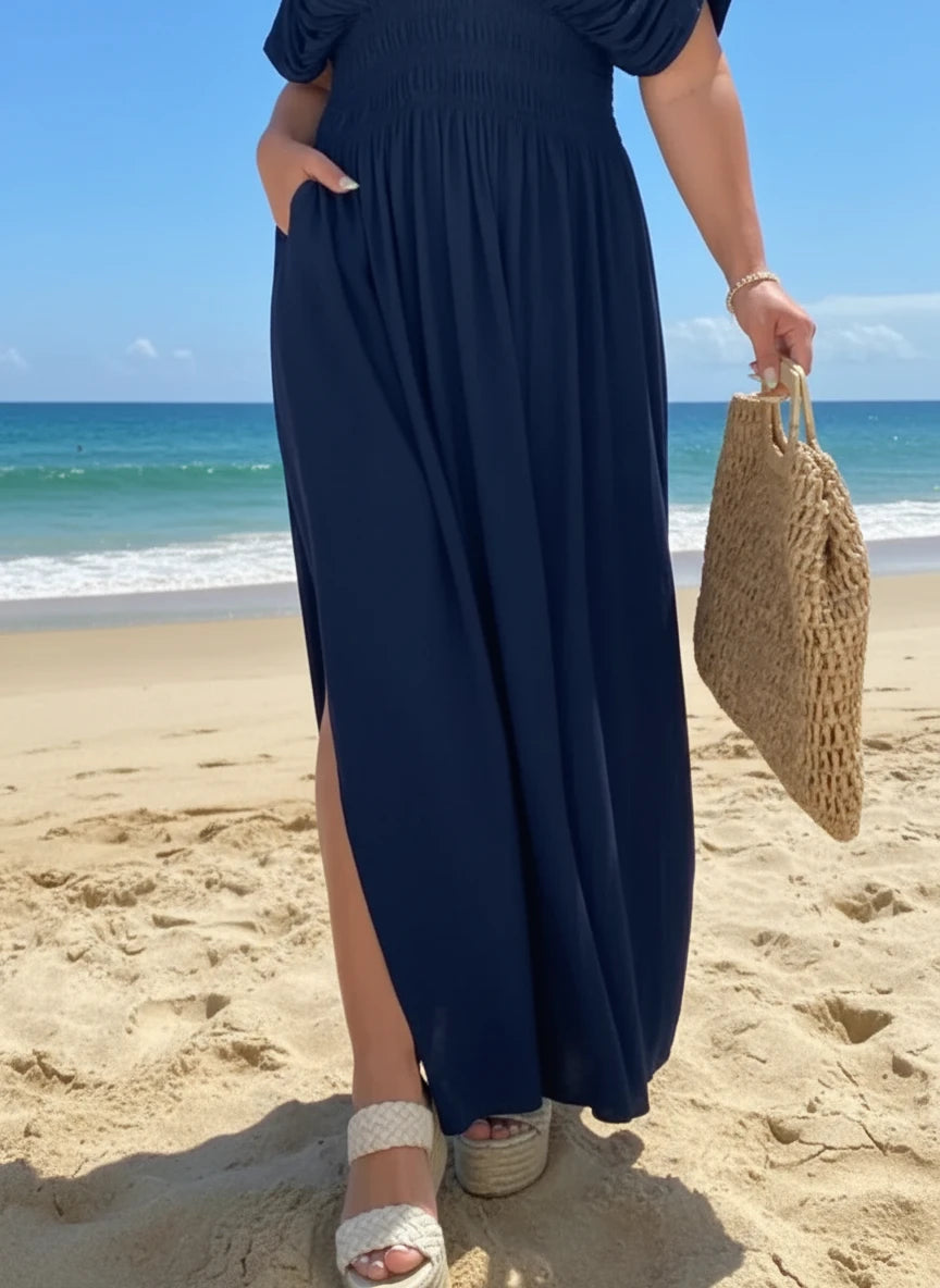 Navy blue Daverri Fashions plus size deep V-neck maxi dress with ruffles and slit