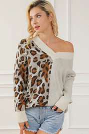 Leopard V Neck Drop Shoulder Sweater | Sweaters Daverri Fashions