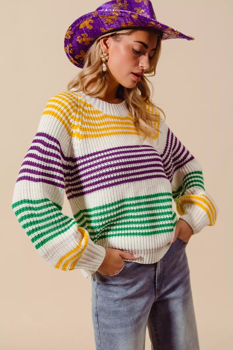 Vibrant SO ME Mardi Gras Color Striped Raglan Sweater Top with bold stripes