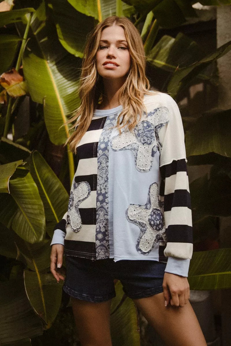 BiBi Patchwork Striped Round Neck Sweatshirt with floral appliques