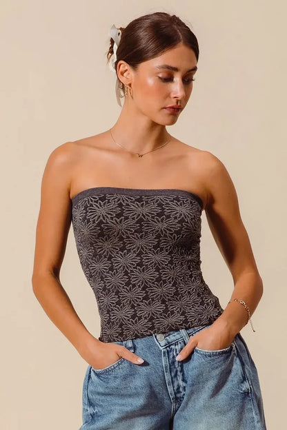 SO ME Jacquard Floral Two Tone Seamless Tube Top - DAVERRI FASHIONS