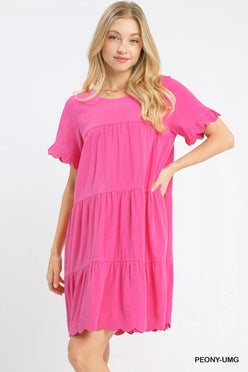 Vibrant pink Umgee linen tiered babydoll dress with ruffle sleeves
