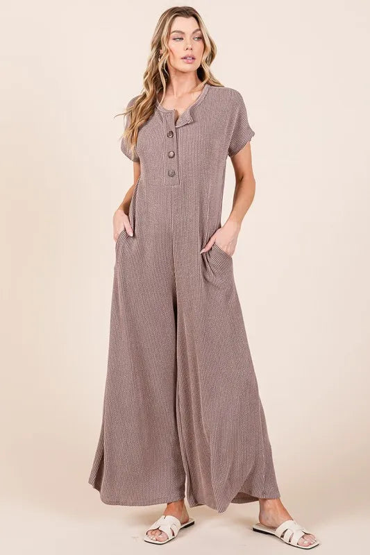 BOMBOM Rib Knit Jumpsuit with Button Detail MOCHA