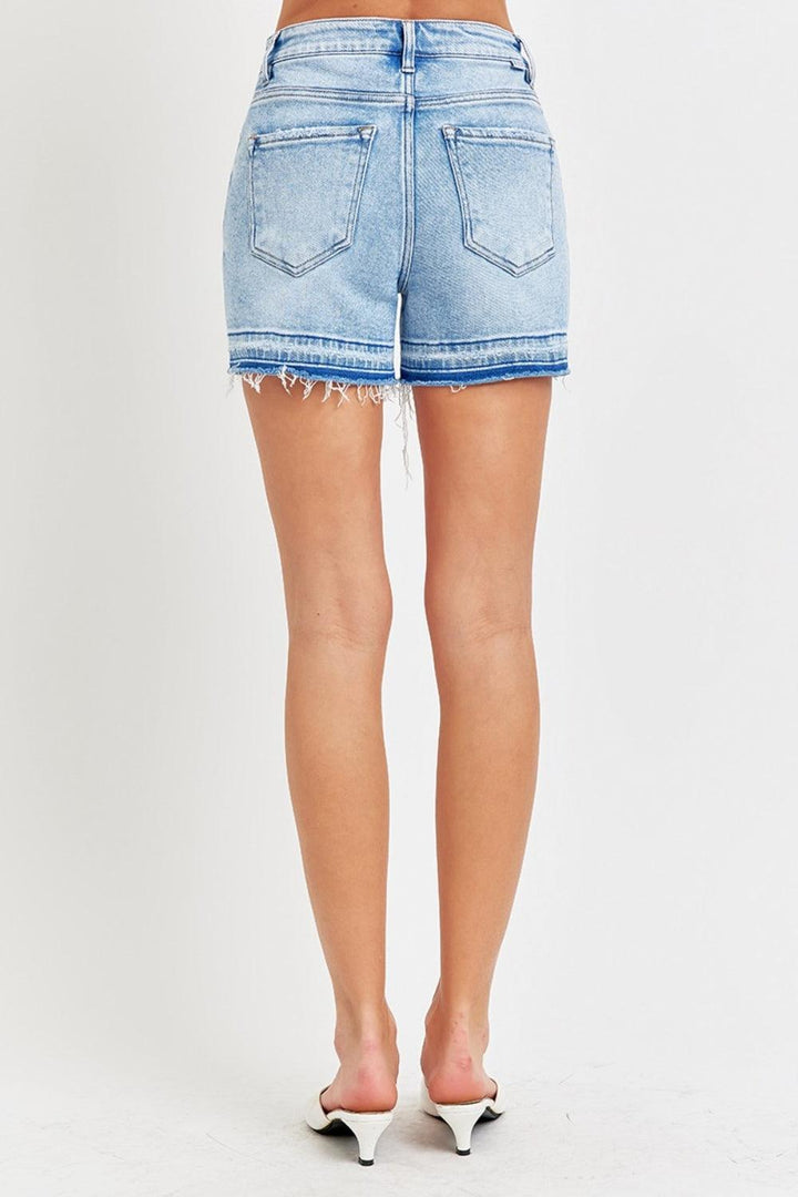 RISEN High Rise Distressed Hem Denim Shorts Shorts