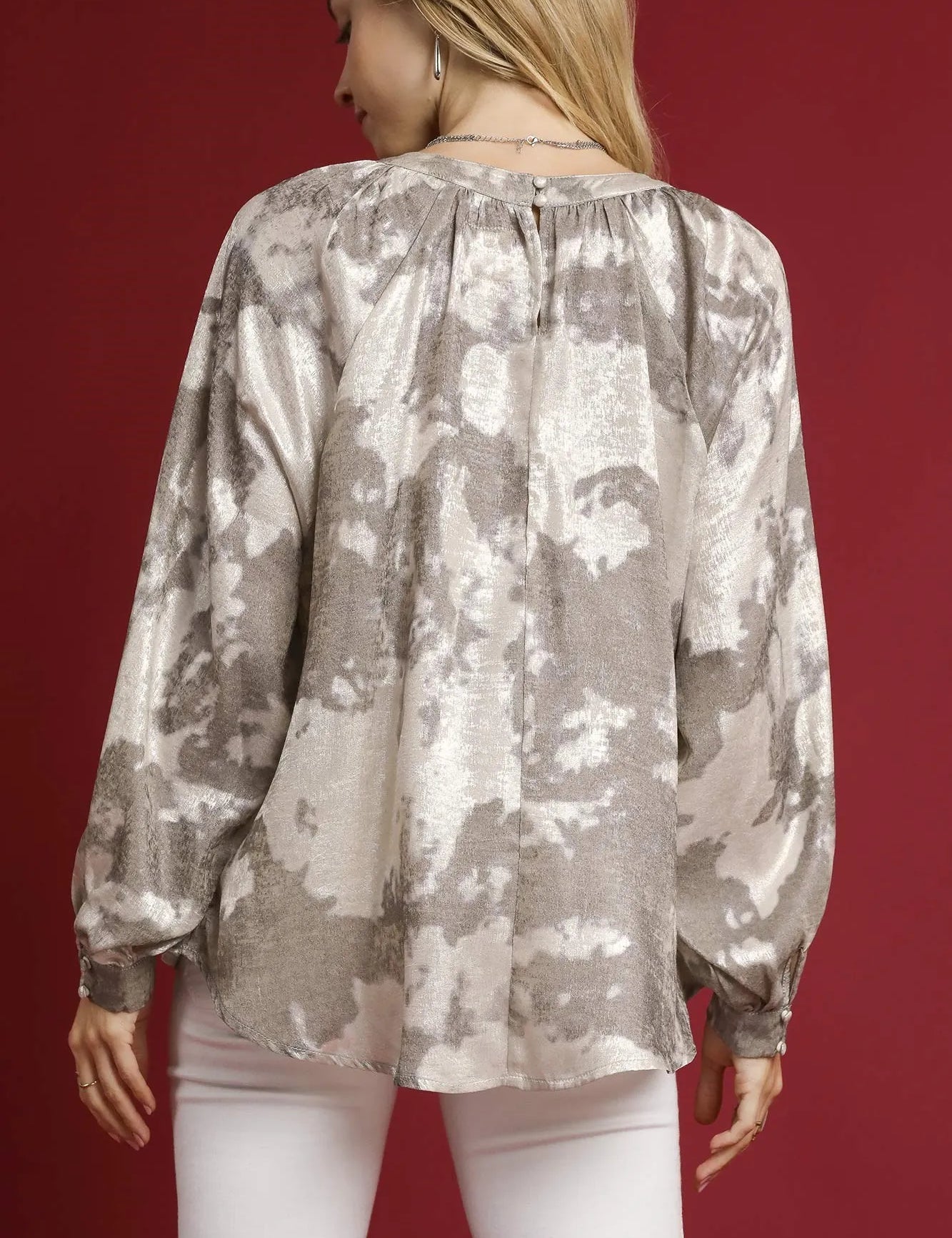 Umgee Full Size Metallic Fabric Blouse with Balloon Sleeves Plus Size | Blouses Daverri Fashions