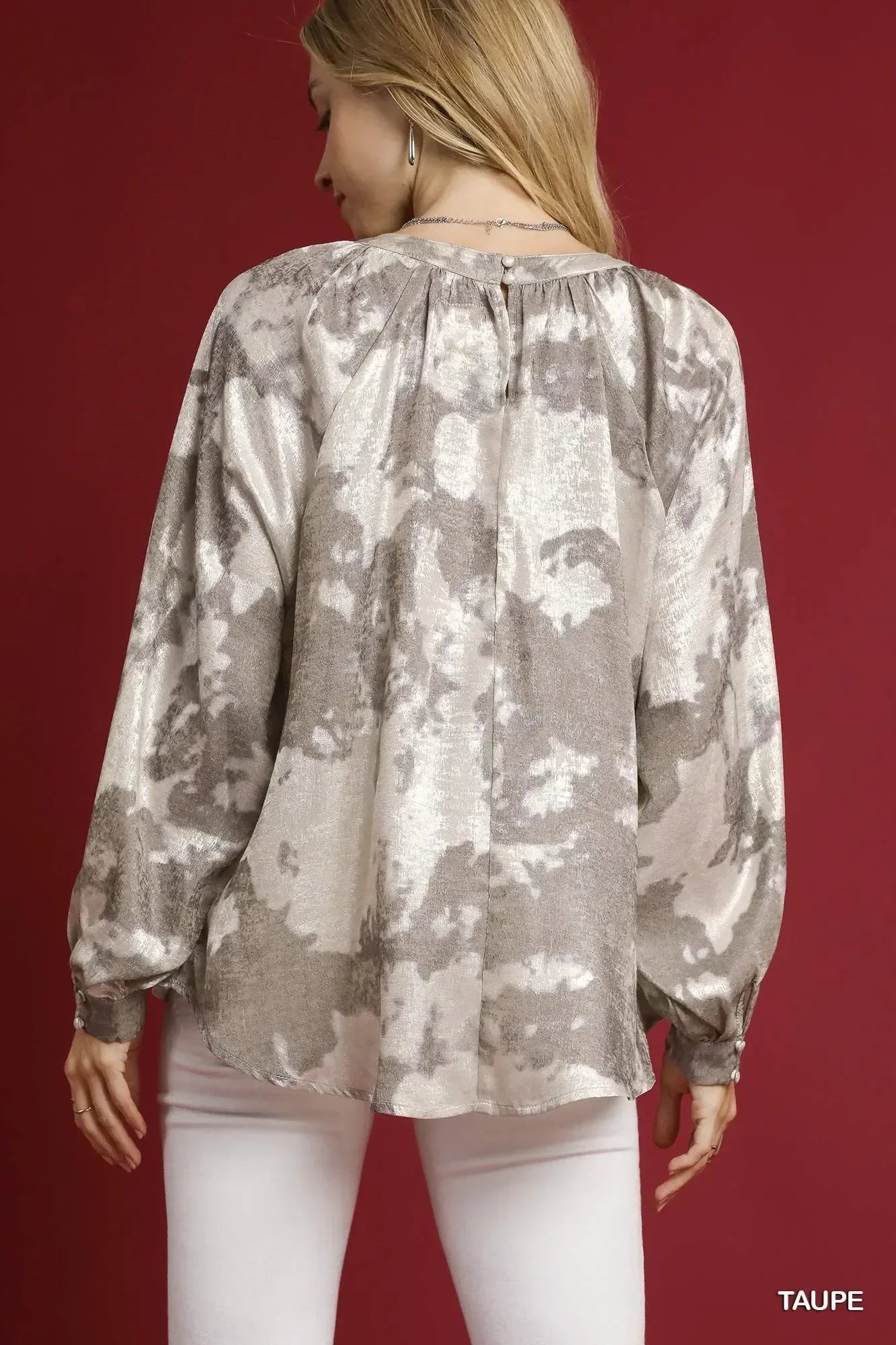 Umgee Full Size Metallic Fabric Blouse with Balloon Sleeves Plus Size - DAVERRI FASHIONS