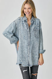Acid Light RISEN Distressed Raw Hem Denim Shirt | Shirts Daverri Fashions