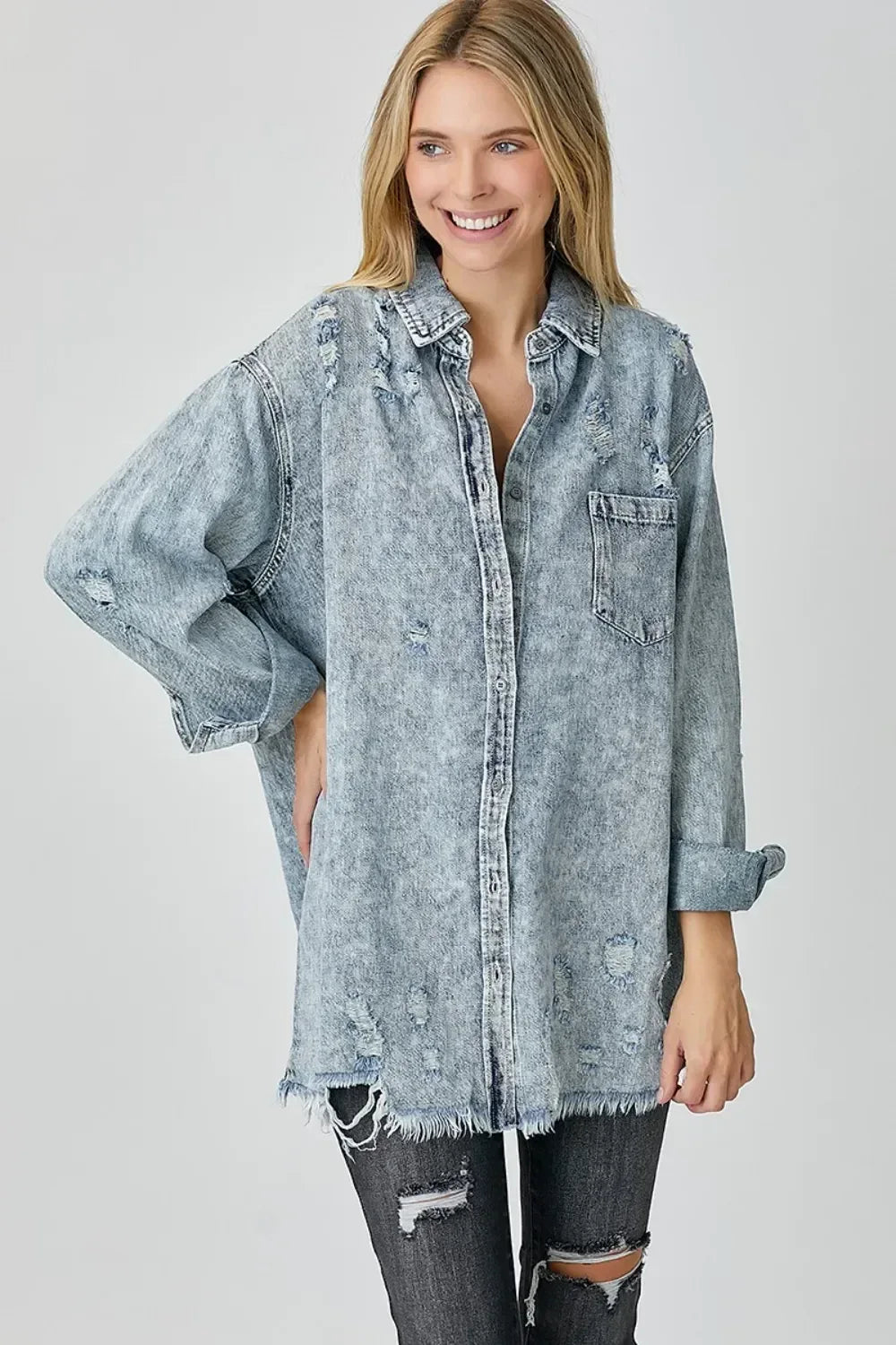 RISEN Distressed Raw Hem Denim Shirt - DAVERRI FASHIONS